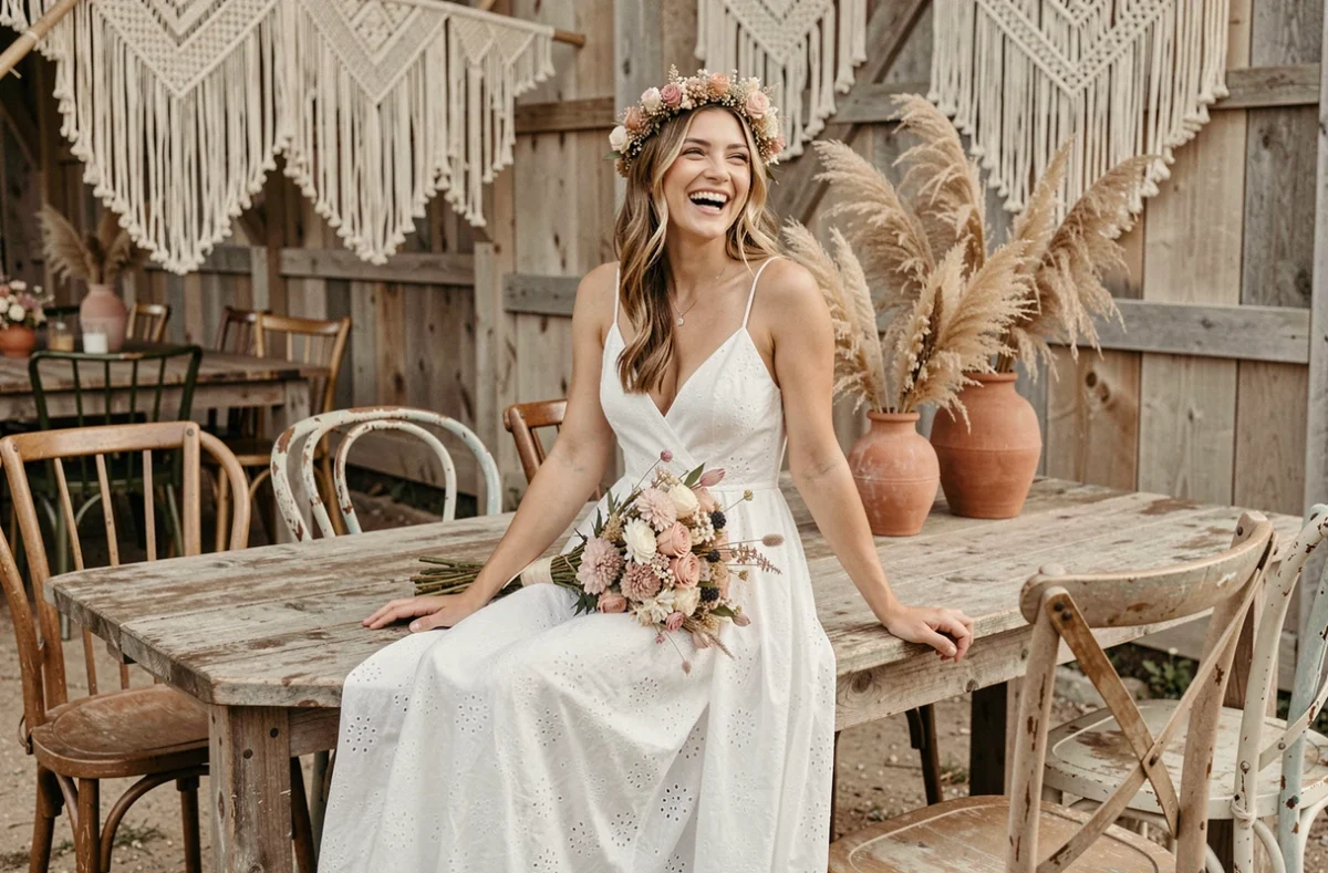 Mariée en robe bohème blanche assise dans une grange décorée pour un mariage champêtre avec pampas et macramé