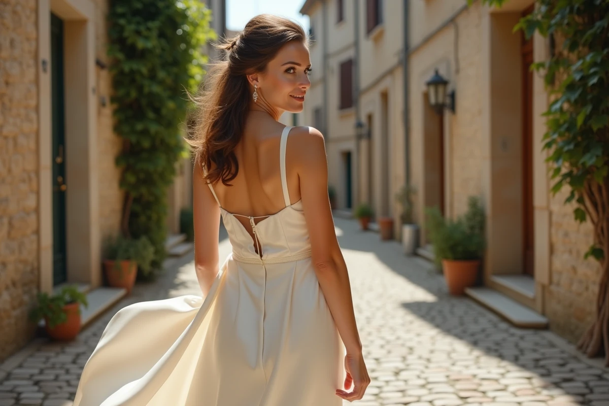 Femme en robe de mariée en satin ivoire marchant dans une ruelle pavée d'un village français avec des bâtiments en pierre ancienne