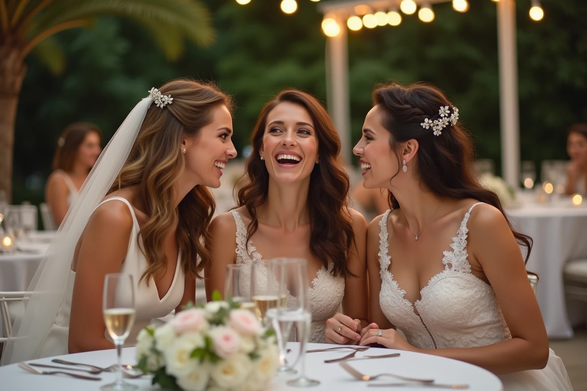 Mariée chuchotant un secret à ses témoins souriantes lors d'une réception de mariage en plein air