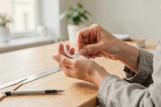 Femme mesurant son tour de doigt avec une bandelette de papier pour acheter une bague en ligne