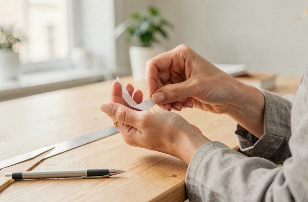 Femme mesurant son tour de doigt avec une bandelette de papier pour acheter une bague en ligne