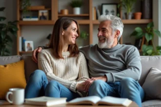 Femme et homme souriants dans un salon cosy