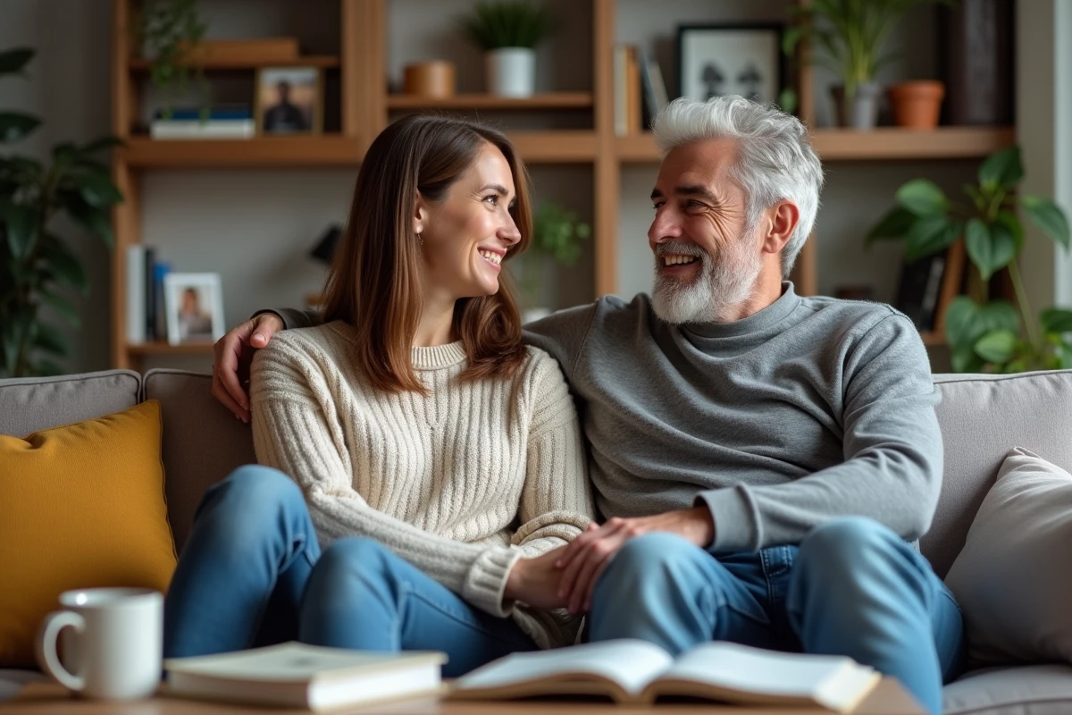 Femme et homme souriants dans un salon cosy