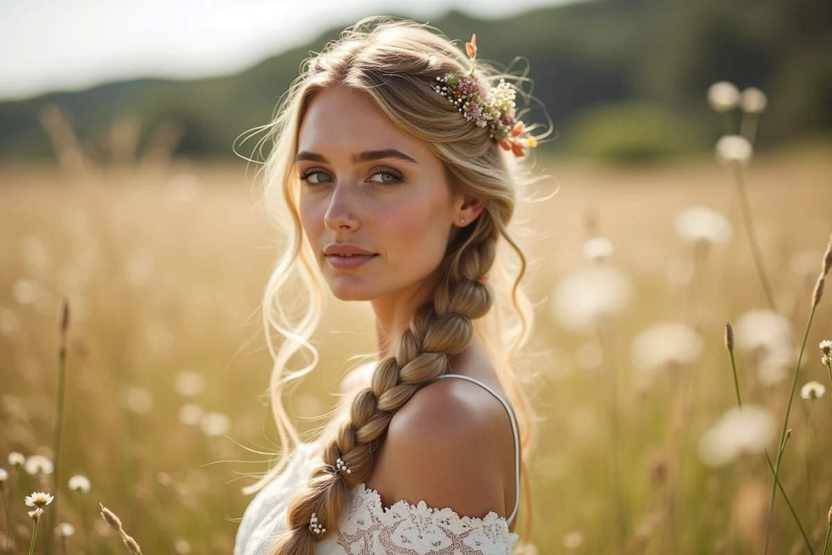 Femme avec une longue natte bohème ornée de fleurs séchées et de perles pour un mariage champêtre en plein air