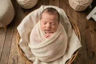 Nouveau-né endormi dans un panier en osier photographié par un photographe naissance à Dijon