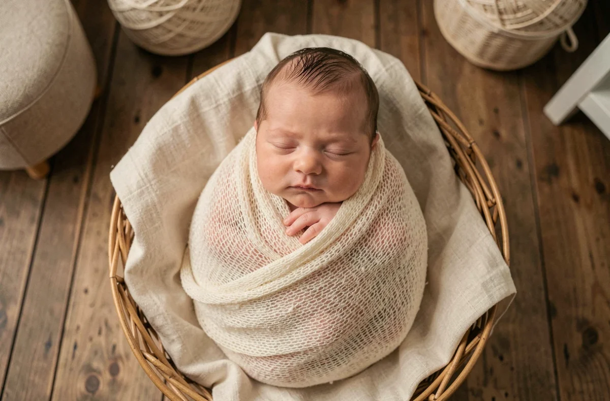 Nouveau-né endormi dans un panier en osier photographié par un photographe naissance à Dijon