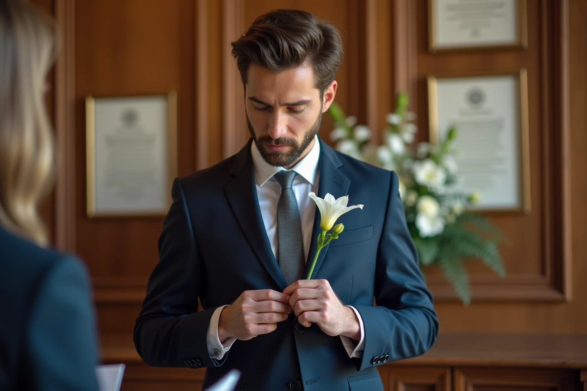 Officiant en costume pinçant un lys lors de la cérémonie