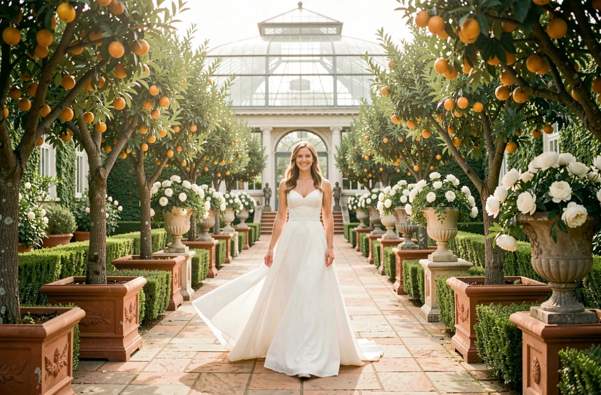 Mariage dans les jardins classés de l'Orangerie de Lanniron à Quimper, allée de cérémonie bordée d'orangers et de pivoines blanches avec façade néoclassique en arrière-plan