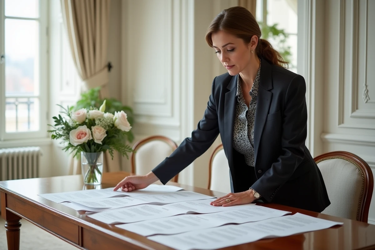 Femme organisatrice vérifie partitions pour mariage