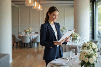 Jeune organisatrice de mariage en blazer navy avec un clipboard