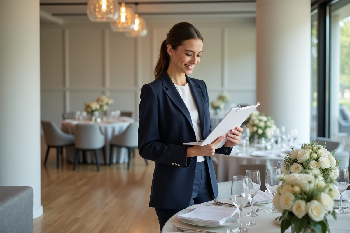Jeune organisatrice de mariage en blazer navy avec un clipboard