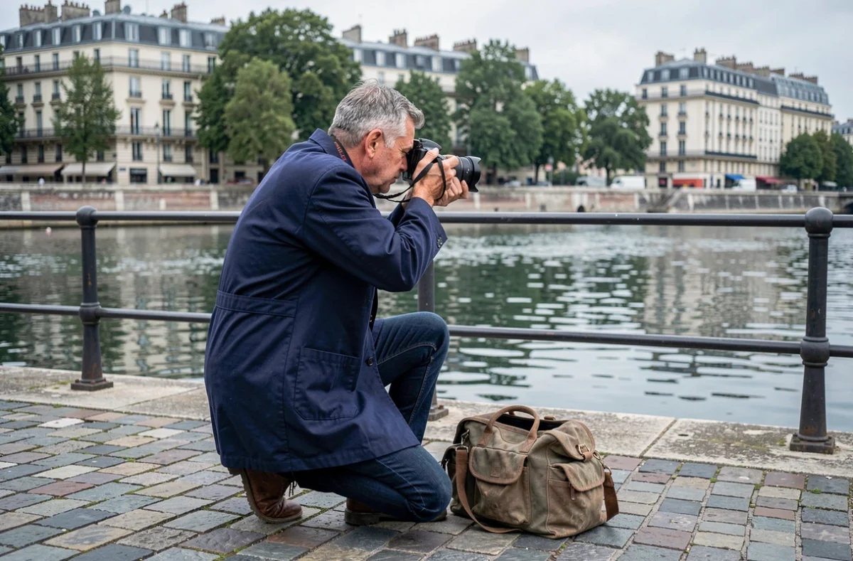 Photographe masculin en train de cadrer une prise de vue au bord de la Seine à Alfortville