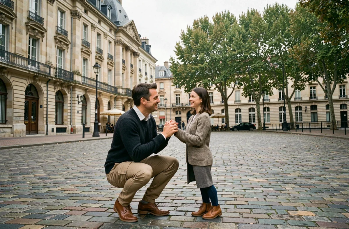 Photographe capturant un couple devant l'architecture historique de Bourg-en-Bresse en plein air
