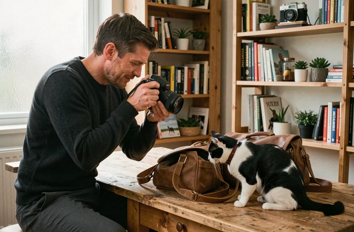 Photographe masculin consultant ses photos sur son appareil pendant qu'un chat tuxedo explore son sac photo sur un bureau en bois