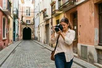Photographe professionnelle dans les rues pavées de la Croix-Rousse à Lyon, réglant son appareil photo devant des façades colorées