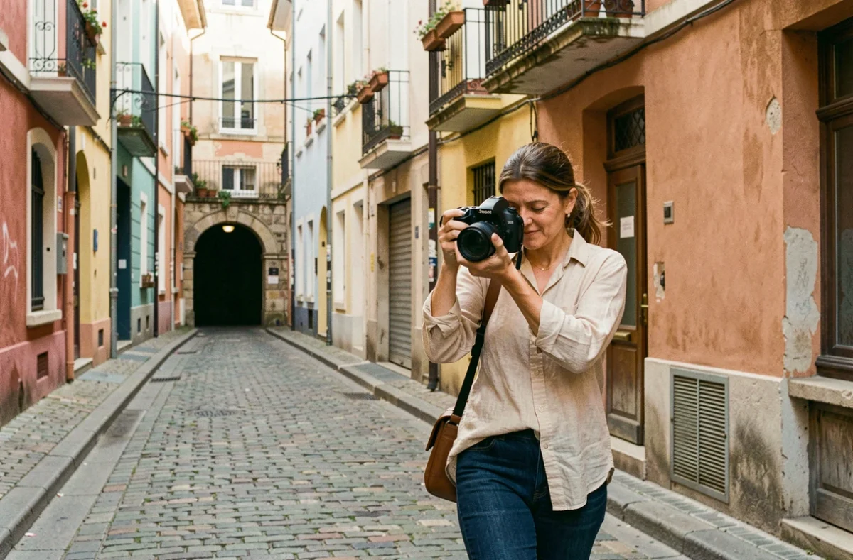 Photographe professionnelle dans les rues pavées de la Croix-Rousse à Lyon, réglant son appareil photo devant des façades colorées