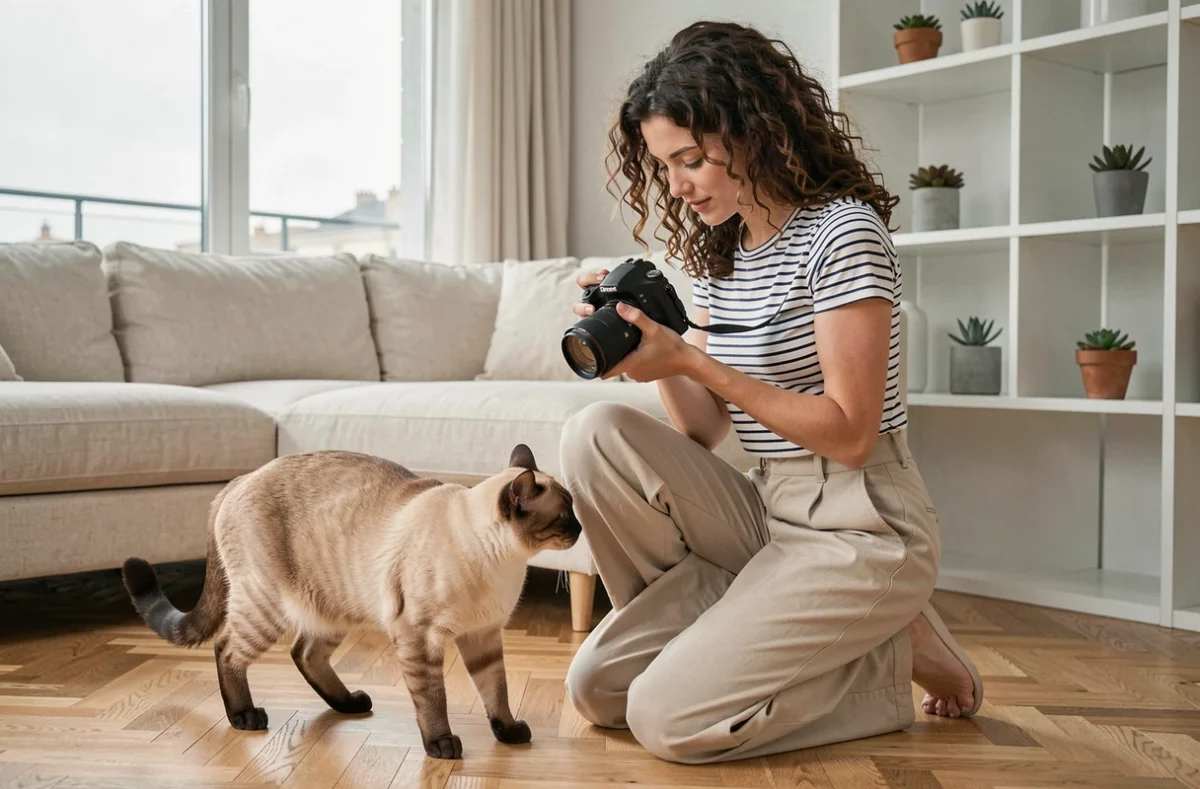 Photographe agenouillée dans un salon scandinave photographiant un chat siamois curieux au niveau du sol