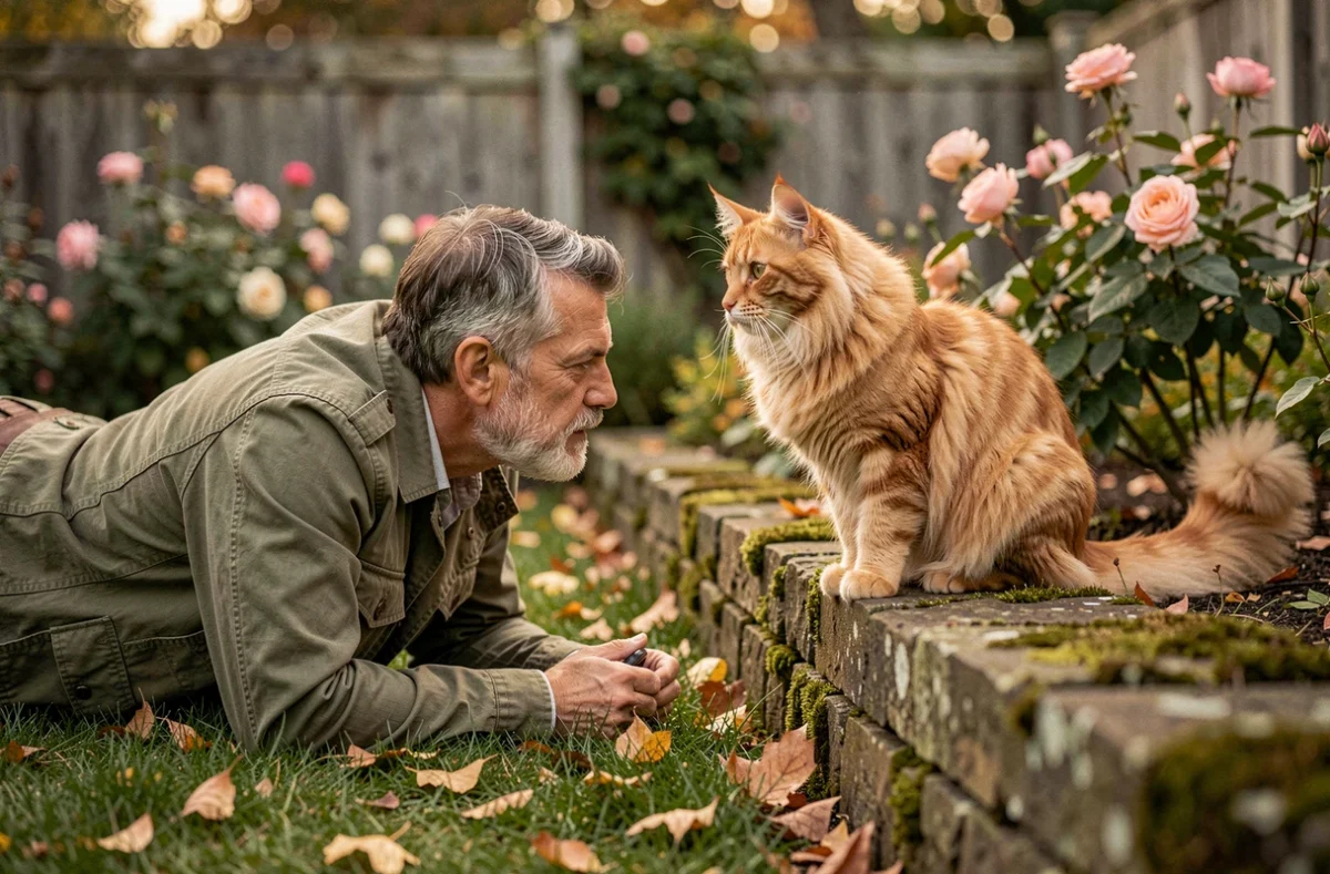 Photographe couché dans un jardin photographiant un chat Maine Coon roux assis sur un muret en pierre