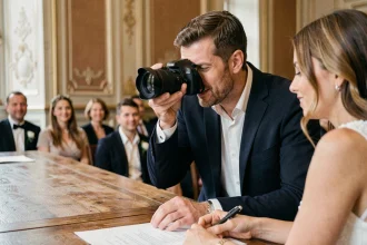 Photographe de mariage professionnel en action lors d'une cérémonie civile, capturant les mariés avec un appareil photo reflex plein format