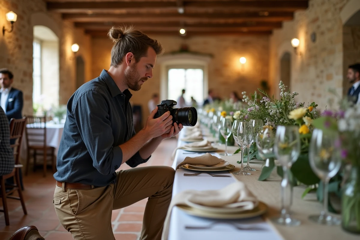 Photographe de mariage en action dans une ferme en pierre de l'Isère lors d'un reportage Little Story mariage