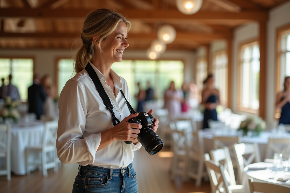 Photographe de mariage ajustant son appareil lors de la réception