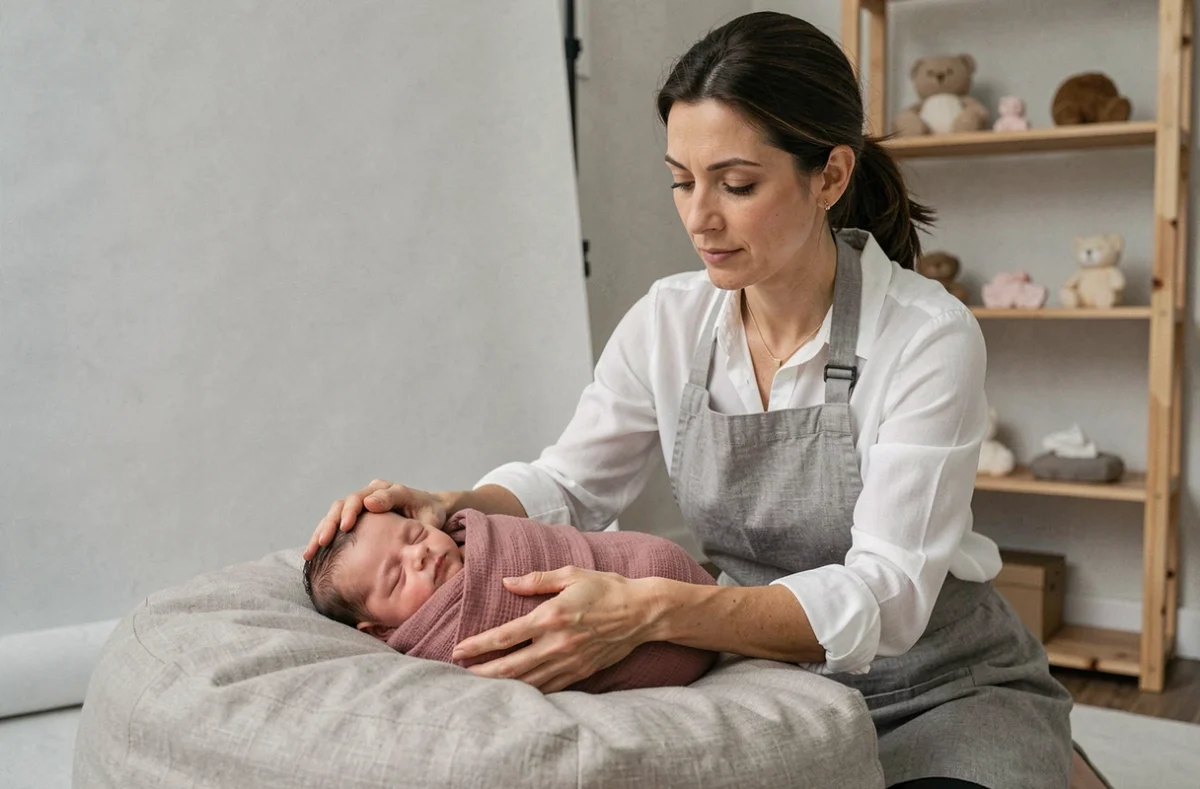Photographe professionnelle spécialisée naissance en plein travail dans son studio à Toulouse