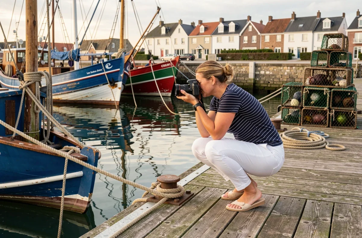 Photographe professionnelle en train de photographier les bateaux de pêche colorés dans le port des Sables-d'Olonne