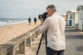 Photographe professionnel installant son appareil photo sur un trépied face à la plage des Sables-d'Olonne avec la promenade en arrière-plan