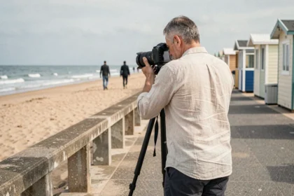 Photographe professionnel installant son appareil photo sur un trépied face à la plage des Sables-d'Olonne avec la promenade en arrière-plan