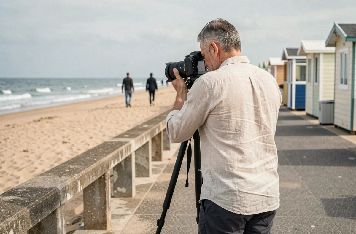 Photographe professionnel installant son appareil photo sur un trépied face à la plage des Sables-d'Olonne avec la promenade en arrière-plan