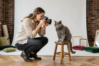 Photographe professionnelle en studio prenant en photo un chat British Shorthair gris perché sur un tabouret en bois