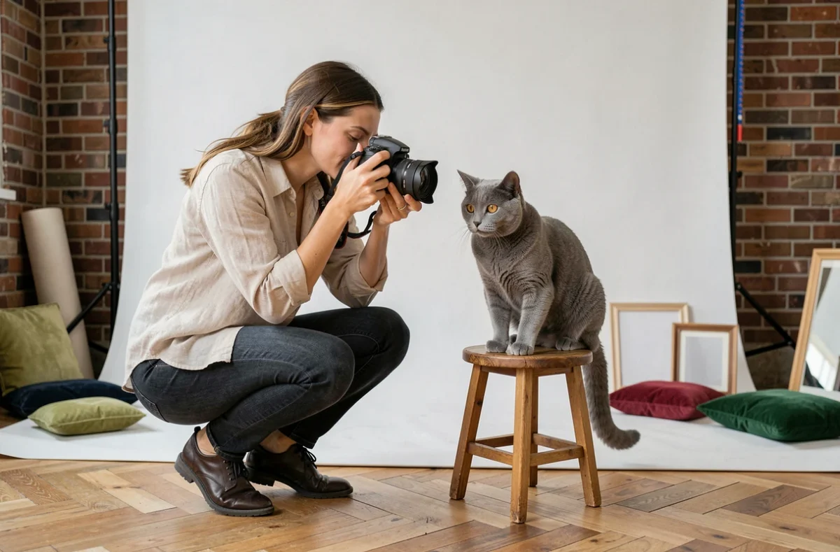 Photographe professionnelle en studio prenant en photo un chat British Shorthair gris perché sur un tabouret en bois