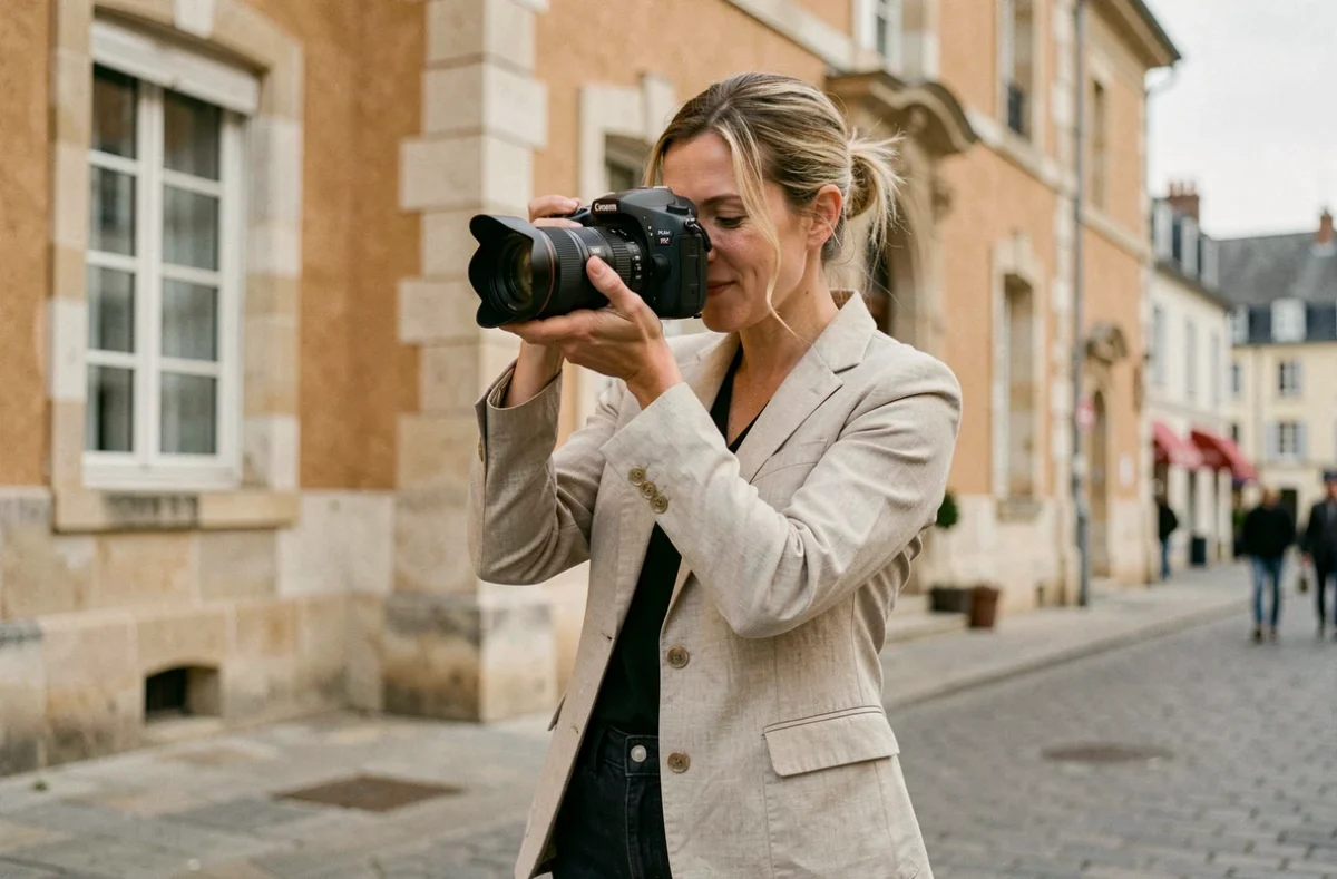 Photographe professionnelle à La Roche-sur-Yon ajustant son appareil photo devant un bâtiment en pierre vendéen