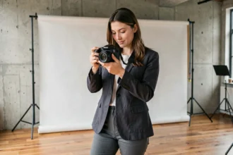 Photographe professionnelle en studio à Alfortville consultant ses photos sur un appareil photo