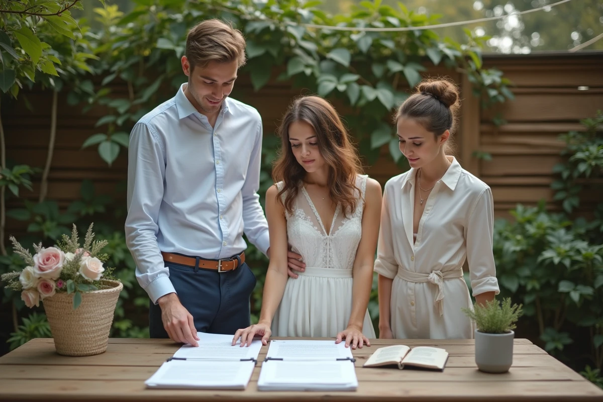 Planificateur de mariage présentant un contrat dans un jardin