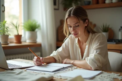 Femme planifiant un mariage de dernière minute avec des papiers et un ordinateur portable sur une table en bois