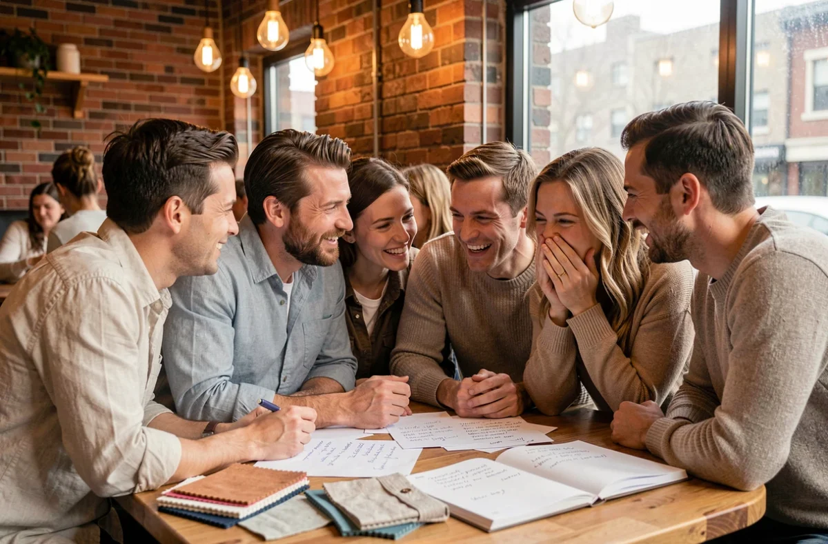 Groupe d'amis complices planifiant en secret une surprise pour des mariés dans un café cosy