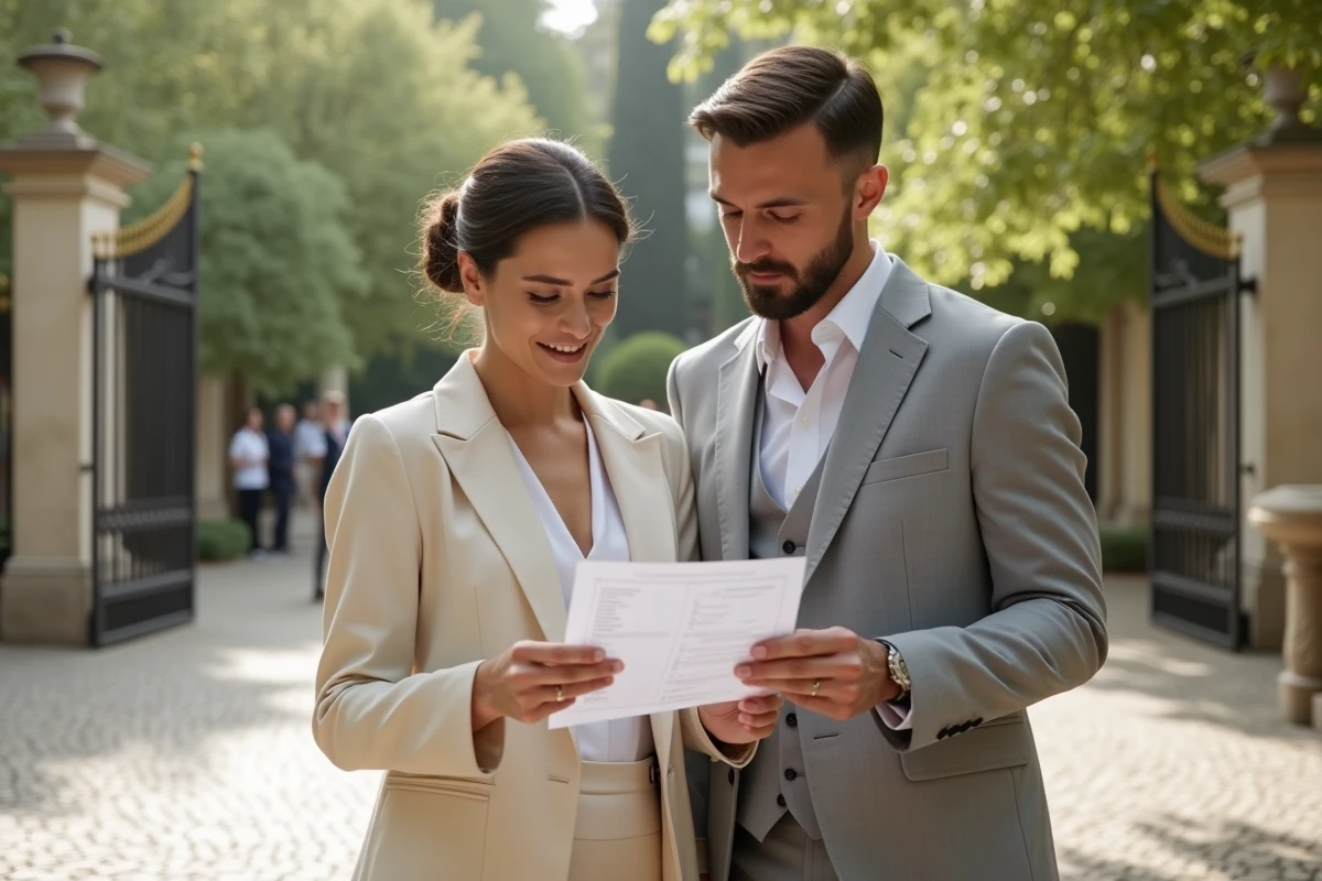 Couple de mariés consultant le planning de leur journée de mariage devant la cour d'une mairie française