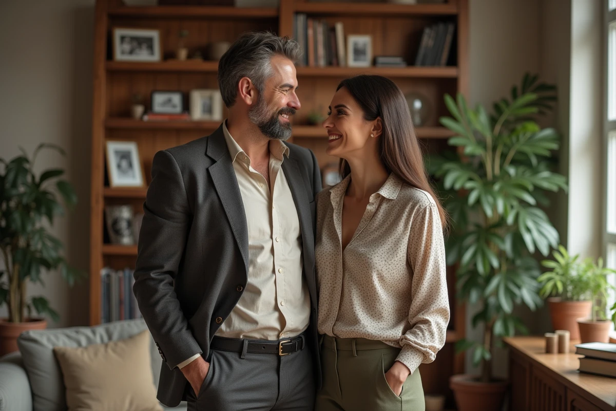 Couple regardant avec tendresse dans un salon chaleureux