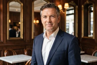 Portrait éditorial d'un homme élégant en blazer marine dans un café parisien classique, évoquant une figure médiatique française