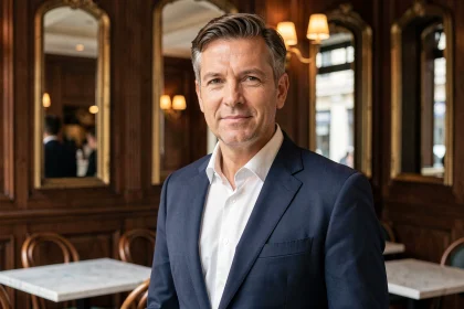 Portrait éditorial d'un homme élégant en blazer marine dans un café parisien classique, évoquant une figure médiatique française