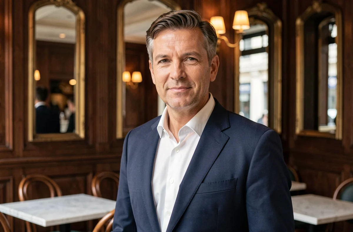 Portrait éditorial d'un homme élégant en blazer marine dans un café parisien classique, évoquant une figure médiatique française