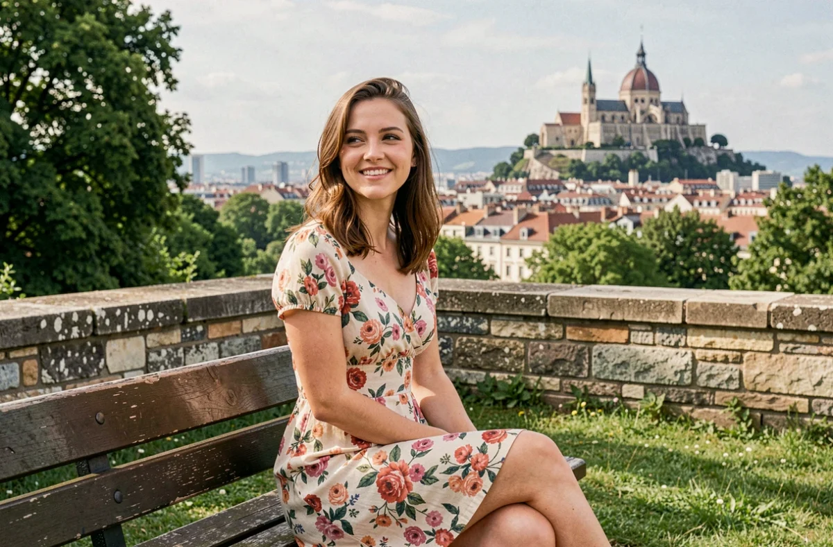 Séance photo portrait d'une jeune femme au Jardin des Chartreux avec vue sur la basilique de Fourvière à Lyon