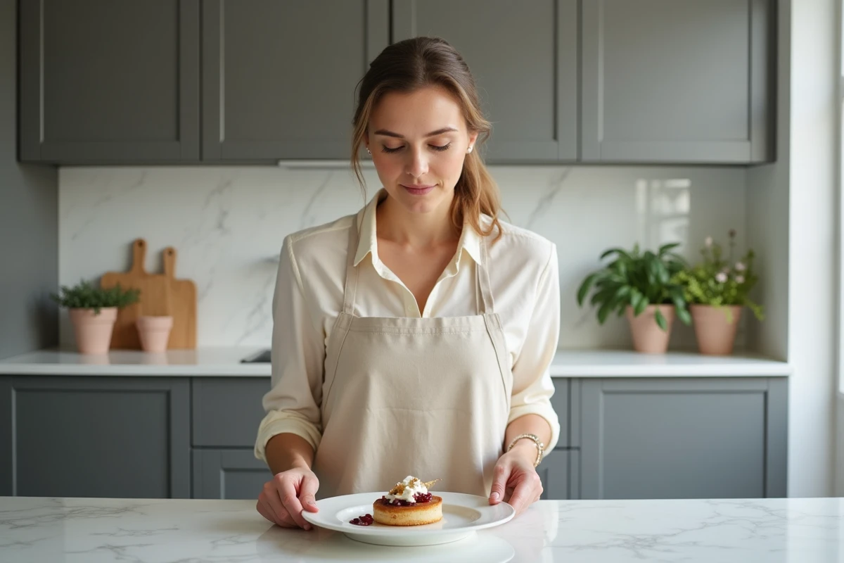 Femme préparant un dessert élégant dans une cuisine moderne pour célébrer deux mois de mariage à la maison