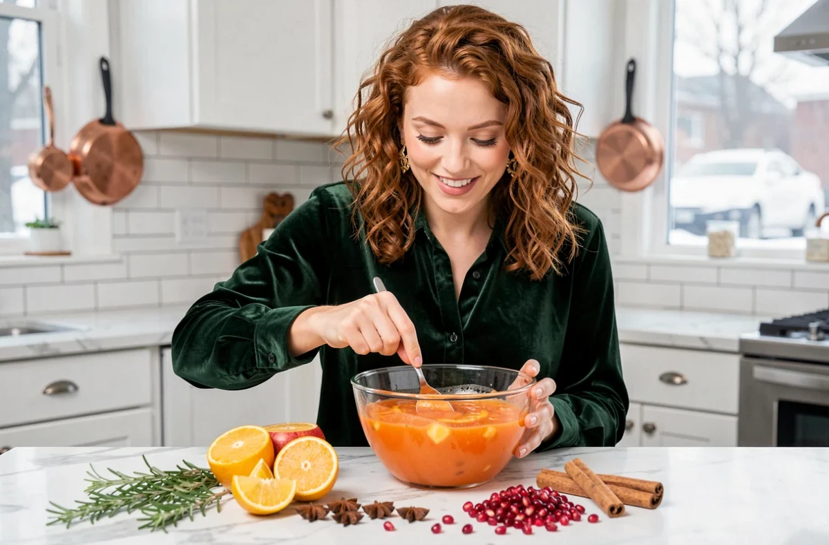Jeune femme préparant un punch festif sans alcool avec des agrumes et des épices dans une cuisine moderne