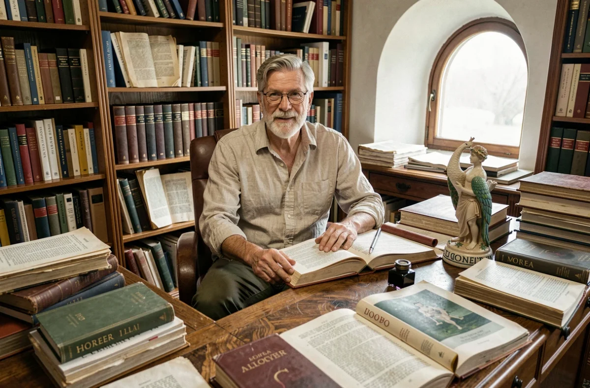 Professeur spécialiste de littérature grecque entouré de manuscrits d'Homère et d'objets mythologiques liés à Héra dans son bureau universitaire