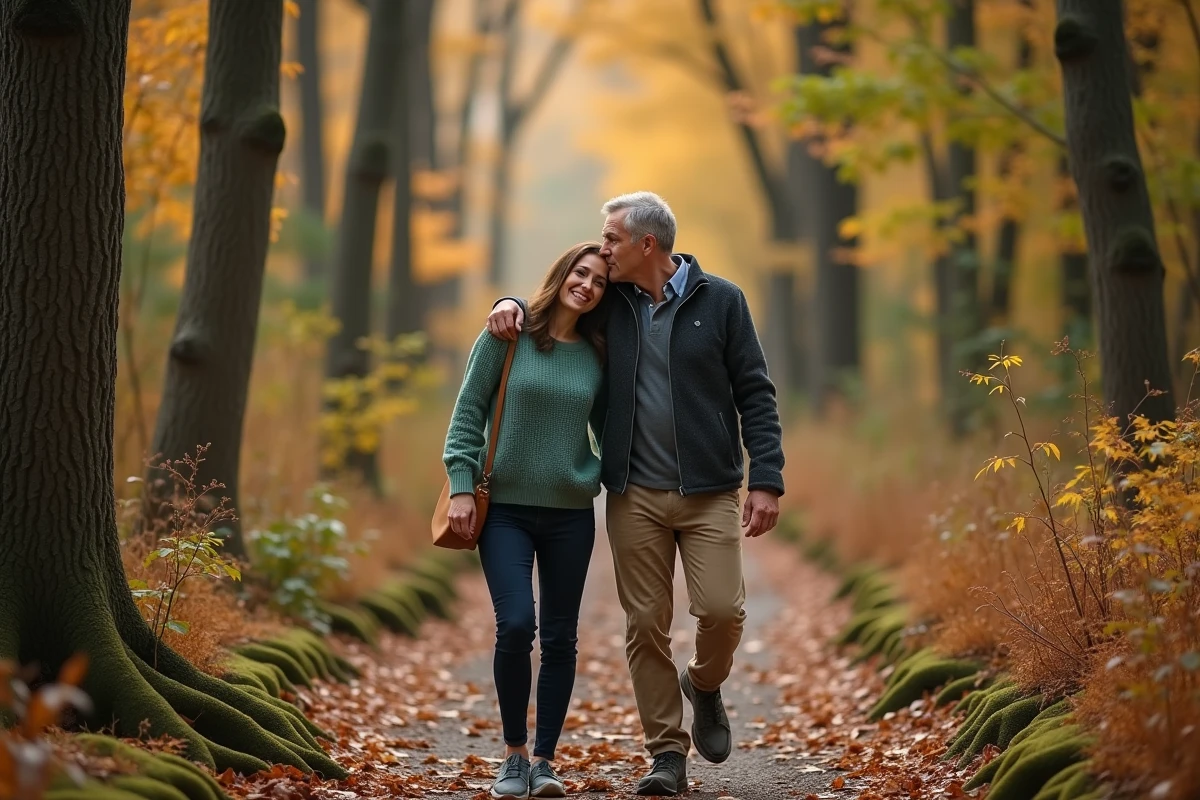 Couple célébrant 17 ans de mariage en se promenant dans une forêt aux couleurs automnales, marchant côte à côte sur un chemin de feuilles dorées dans une atmosphère intime et complice