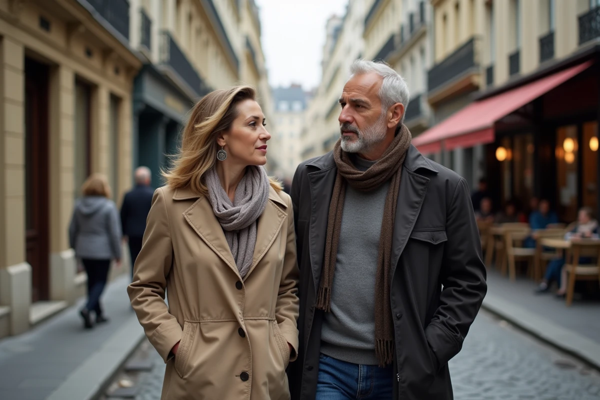 Femme et homme marchant dans une rue parisienne
