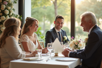 Réception de mariage avec famille et mariés souriants