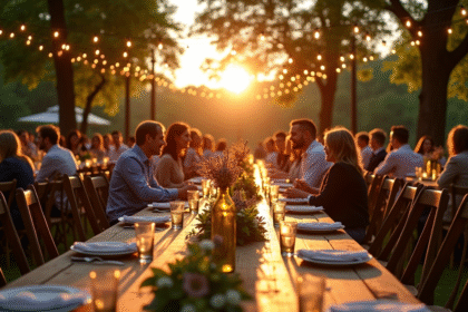 Réception de mariage rustique en extérieur avec tables en bois et guirlandes
